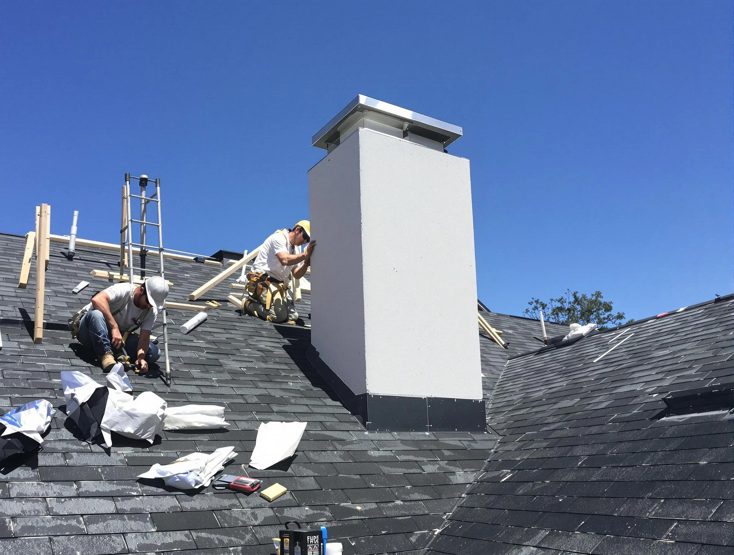 Johnston Chimney Sweep crew installing a new chimney in Johnston, RI