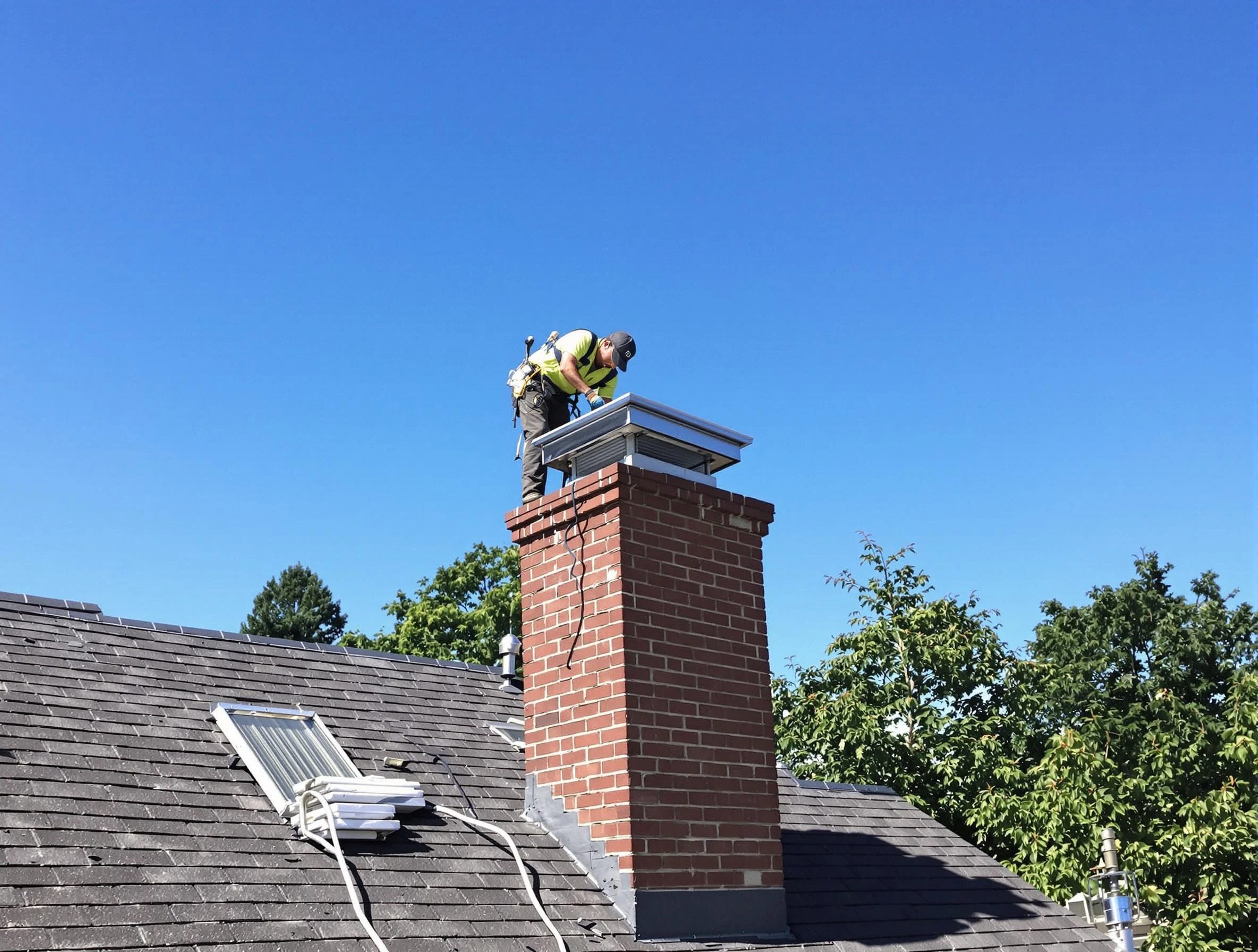 Johnston Chimney Sweep technician measuring a chimney cap in Johnston, RI